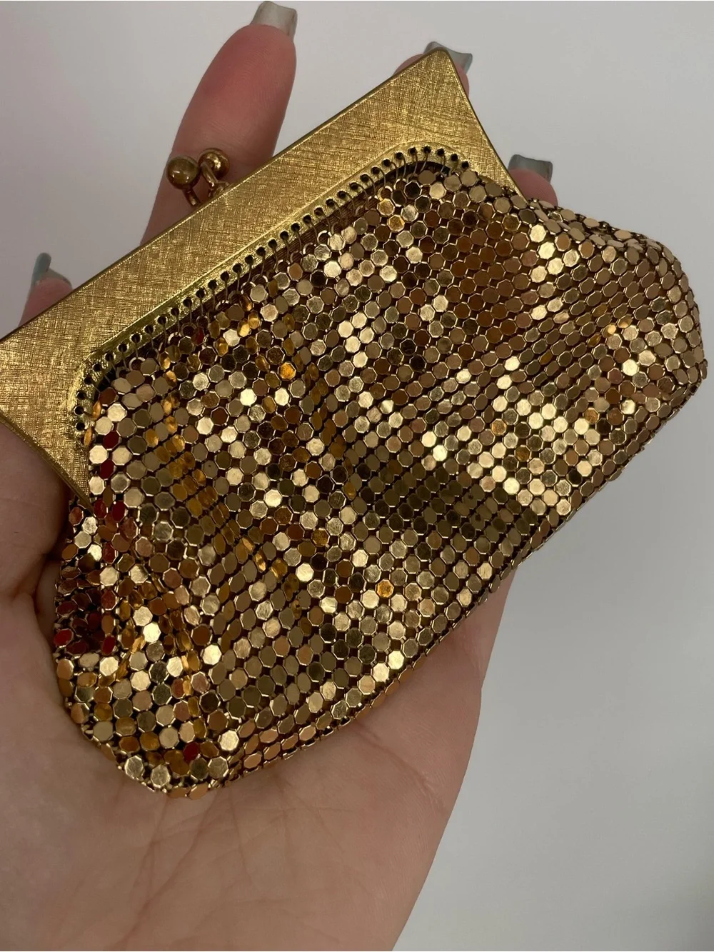Vintage Shiny Gold Metal Mesh Chainmail Coin Purse Structured Metal Frame